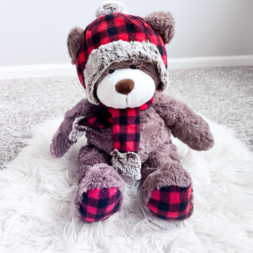 Gentle Treasures Teddy Bear Plush Buffalo Plaid Winter Hat Scarf